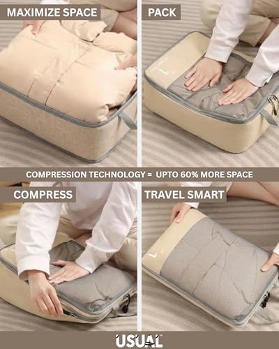 Image of USUAL Compression Packing Cubes for Travel Set of 6, Travel Organizer Pouches for Clothes, Luggage Organizer & Suitcase Storage Bags with Shoe Bag, Toiletry Pouch, Packing Cube Set, Beige