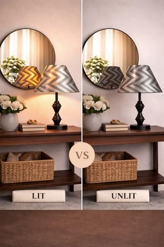 Image of tu casa Modern Table Lamp with Classic Chevron Grey Satin Shade | Metal Iron Base Decorative lamp for Living Room| Decorative Lighting for Living Room, Study, Designer Table Lamp for Gifting