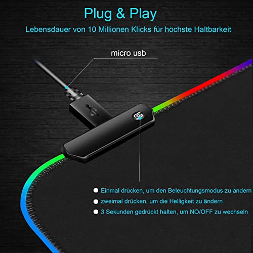Owege Oyun fare altlığı XXL 800 x 300 mm RGB fare altlığı, büyük, 14 aydınlatma modu, 7 LED renk, dikişli kenarlar, su geçirmez, kaymaz, hassasiyeti artırır, komple siyah