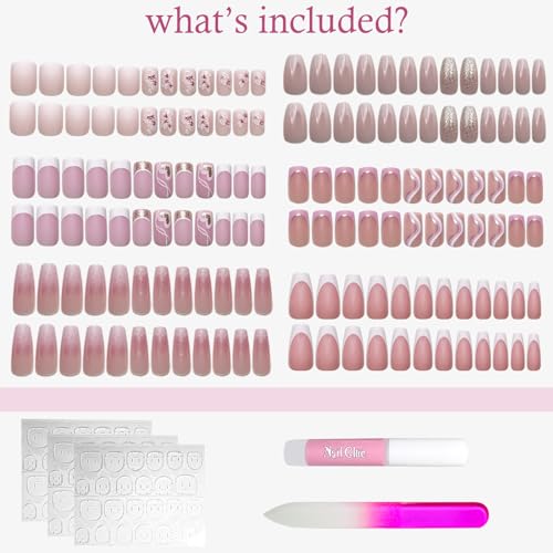 6 Packs (144 Pcs) Press on Nails Medium - Jsiallye Pink Gradient Press on Nails Square Coffin, Glue on with Nail in 12 Sizes - 24 Fake Nails Kit, French Tip Stick on Nails for Women - Image 7