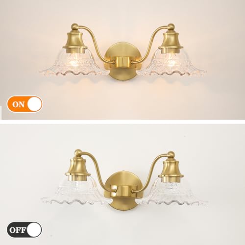 Image of Bright Brushed Gold Bathroom Vanity Light Vintage Style, E26 Easy Mounted | Vanity Light with Flower Glass Shades, 18 inch Wide Bathroom Lighting Over Mirror, Easy Mounted for Bathroom, Bedroom, Hallway