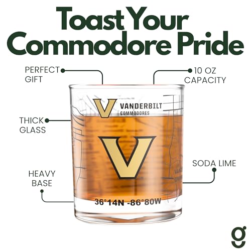 Image of Greenline Goods Vanderbilt University Commodores Whiskey Glasses Set of 2, 10 oz Rocks Glasses with Full-Color Logo & Campus Map - Officially Licensed Bourbon Glass Gift for Alumni & Fans