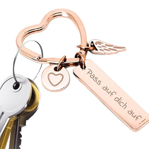 Veeteah Herz-Schlüsselanhänger, gravierter Herz-Schlüsselanhänger,Pass Auf Dich Auf gravierter Schlüsselanhänger für Autoschlüssel | Schlüsselanhänger als Geschenk für Frauen, Tochter, Sohn, Freund,
