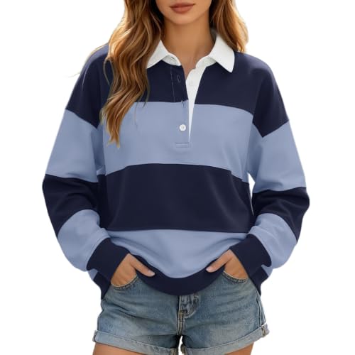 TRCELECTROP Striped Sweatshirts for Women Loose Fit Trendy Color Block Lapel Collared Pullover Tops Long Sleeve Rugby Shirts - image 2