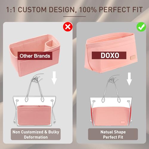 Image of Doxo Purse Organizer Insert for Handbags & Base Shaper 2pc Set, Felt Neverfull MM Organizer Insert, Tote Bag Organizer with Zipper Pocket and Bottle Holder, Fit Speedy 30 Neverfull MM and More,Pink-L
