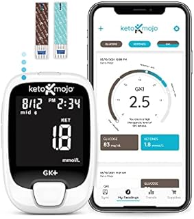 KETO-MOJO GK+ Bluetooth Glucose & Ketone Testing Kit + Free APP for Ketosis & Diabetes Management. 20 Blood Test Strips (10 Each), Meter, 20 Lancets, Lancing Device, and Control Solutions