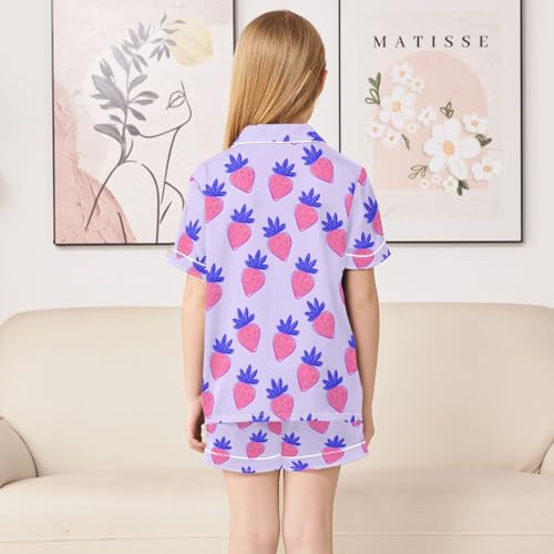 Strawberry Purple Cute Cartoon Pattern Summer Satin Pajama Set, Cute Button-Down Sleepwear Pj Set for Sleep Wears4