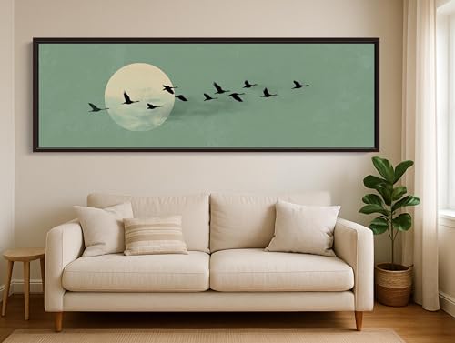 Impression sur toile vert sauge panorama oiseaux lune haute définition