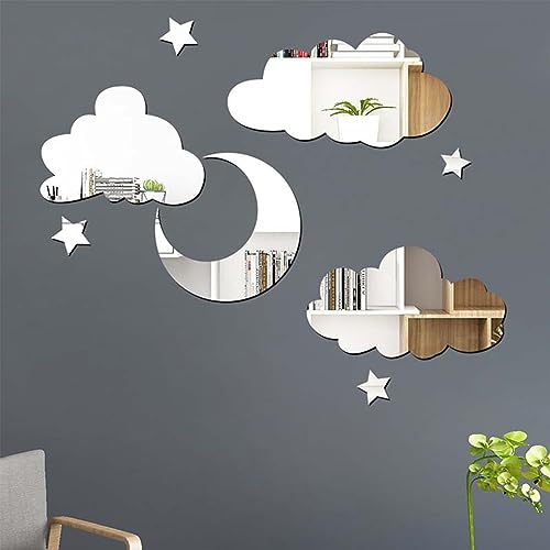 3D Moon Cloud Mirror Wall Decor Acrylic Mirror Stickers Self Adhesive Decorative Moon Star Cloud Wall Decals for Baby Kids Children's Living Room...