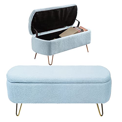 Image of mikibama Teddy Bedroom Storage Benches End of Bed 38.9" Oval Faux Fur Ottoman Bench with Storage Sherpa Pattern Fabric Window Entryway Bench Ottomans with Golden Metal Legs (Light Blue)