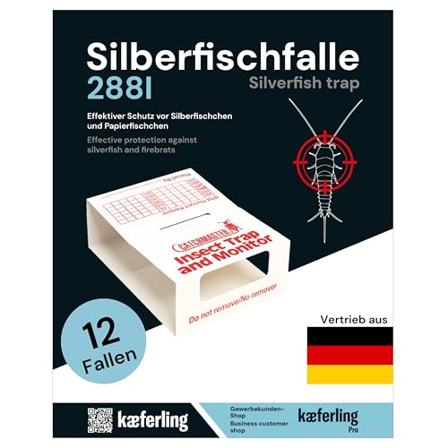 Catchmaster 288i 12x Monitoring-Klebefallen für Silberfische - 100% Giftfrei - Silberfischfalle mit Starkem Kleber - zur Befallskontrolle - 4 Blätter à 3 Fallen
