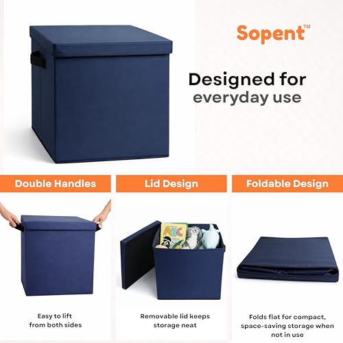 Image of Sopent Fabric Storage Box and Organiser with Lid (Plain Blue, 10.6 inch Inch)