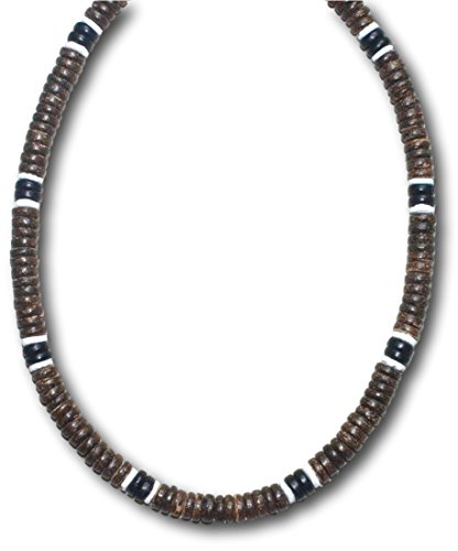 Native Treasure - 16 inch Men's Brown Coco 2 Black 2 White Clam Heishe Puka Shell Surfer Necklace - 8mm (5/16")