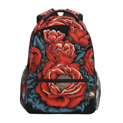 Sac à dos d'ordinateur pivoines rouges avec finitions renforcées pour voyage et lycée