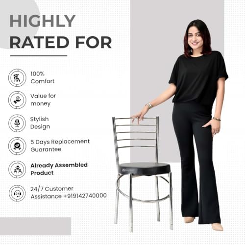 Image of GOYALSON Dining Ergonomic Dining Home Chair Hotel Restaurant Chair with Steel Chrome Polish and leatherite seat (8, Black, Standard)