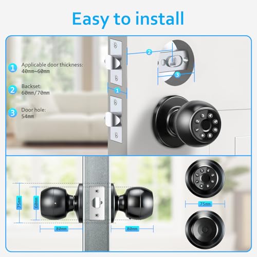 Smart Door Knob with Fingerprint, 5-in-1 Keyless Entry Door Lock with Keypad & App Control, Biometric Smart Lock with Backup Keys for Bedroom, Office Front Door (Black) - Image 6