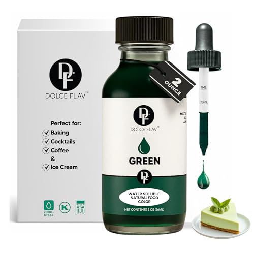 Dolce Flav Natural Green Food Coloring – 2 oz Vibrant Plant-Based Color from Green Apple | Water-Soluble Liquid Dye for Baking, Drinks & Frostings | Graduated...