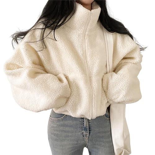 SHINROAD Chaqueta versátil con cremallera para mujer, chaqueta informal, abrigo de forro polar de invierno para mujer, cuello alto y cremallera, chaqueta casual de manga larga, color marfil, L