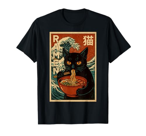 Funny Graphic Vintage Cat Ramen Japanese Ukiyo-e Woodblock Camiseta