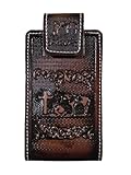 Western autentic Tooled Leather Mexican Cell Phone case for Belt. Men and Horse Pray Design. with Magnetic Closure. Universal Size (Brown)