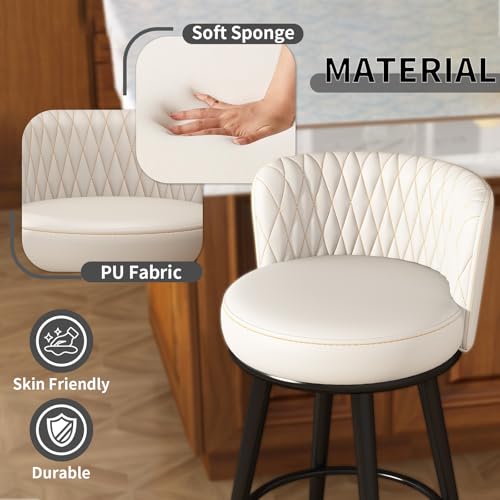 Bar Stools Set of 2, 27 Inch Barstools with Sturdy Legs, Leather Farmhouse Counter Height Bar Stool for Kitchen, Dining, Bar (Swivel, White, Leather)