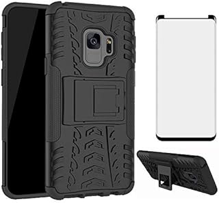 Phone Case for Samsung Galaxy S9 with Tempered Glass Screen Protector Cover and Stand Kickstand Hard Rugged Hybrid Accessories Heavy Duty Rubber Shockproof Glaxay S 9 9S Edge GS9 Women Men Girls Black