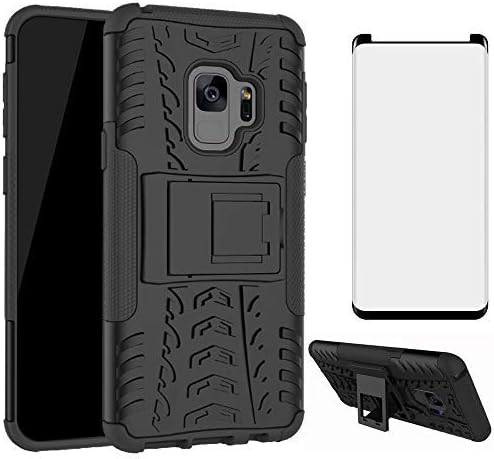Phone Case for Samsung Galaxy S9 with Tempered Glass Screen Protector Cover and Stand Kickstand Hard Rugged Hybrid Accessories Heavy Duty Rubber Shockproof Glaxay S 9 9S Edge GS9 Women Men Girls Black
