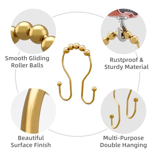 Image of Bathway Shower Curtain Hooks, Shower Curtain Rings Rust Proof Double Hook Shower Curtain Hooks, 12 Pcs Dark Gold Shower Hooks for Shower Curtain, Shower Rings for Curtain, Metal Shower Rod Hooks