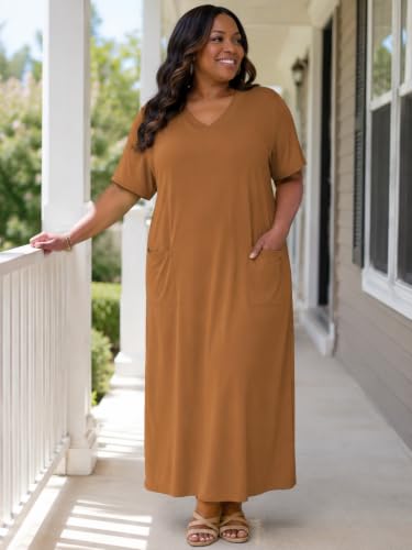 Image of Plus Size Maxi Dress for Women Short Sleeve V Neck Casual Loose Sundress with Pockets