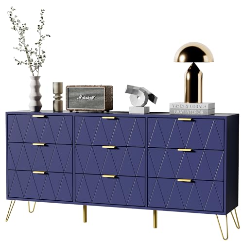 UEV Commode avec 9 Tiroirs 150cm, Meuble Rangement Chambre, Motif Ligne, Style Scandinave, Manches...