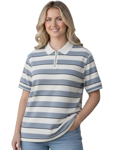 Image of Mack Jonney Women's Striped Polo T-Shirt | Half Zip Collar | Half Sleeve Cotton Casual Top | Relaxed Fit-M7496