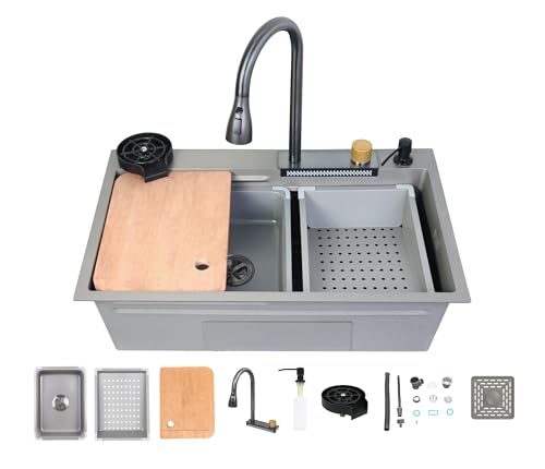 Image of Fossa 30 inchx18 inchx09 inch 5-Year Warranty Single Bowl Waterfall Kitchen Sink Honeycomb Embossed Sink with Nano Coating, Stainless Steel, Rectangular Workstation, Faucet with Included All Accessories. (Grey)