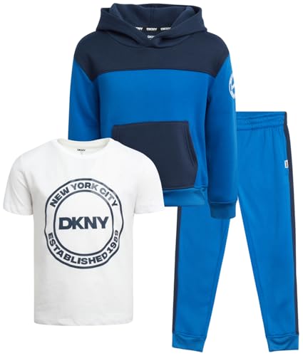 Image of DKNY Toddler Boys' Jogger Set - 3 Piece Short Sleeve Graphic T-Shirt, Pullover Hoodie, and Jogger Sweat Pants (Sizes: 4-7)