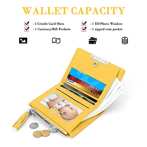 Small Wallet for Women, Leather Compact Bifold Womens Wallet with Zipper Coin Purse (Tasseled Zipper, Yellow)2