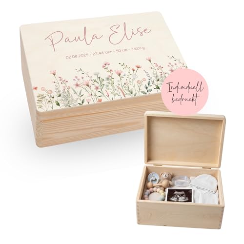 Dream Creative - Personalisierte Erinnerungskiste | Verschiedene Motive | Geschenkidee zur Geburt Geburtstag Taufe - Erinnerungsbox Baby (Rosa Blumen Klein | 30x20x14 cm)