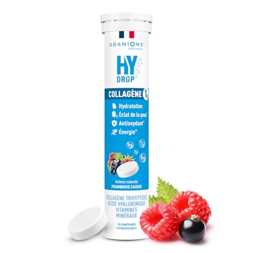 GRANIONS HYDROP - Pastilles Hydratation - Framboise/Cassis - SANS SUCRES - Enrichi en Collagène - Fabriqué en France - Electrolytes Hydratation - Vitamines, Minéraux - 18 Pastilles Effervescentes