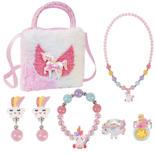 OSDUE Sac Licorne Jouet Bijoux Enfants Fille, Bijoux Enfants Petites Filles Sacs à Main en Peluche Collier Bracelet Boucles d'oreilles Bagues Cadeau Fille 2 3 4 5 6 10...