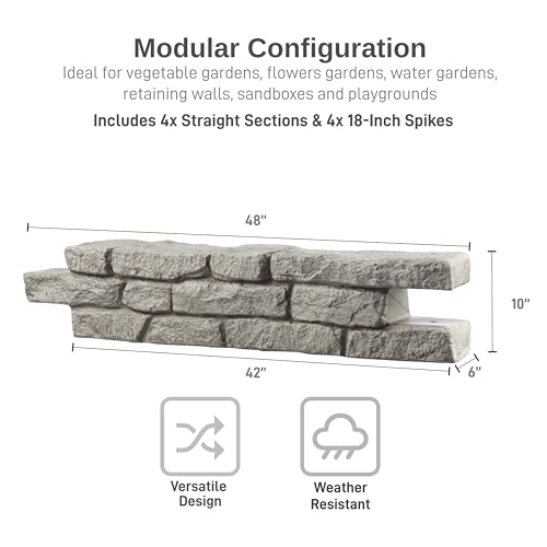 Image of RTS Home Accents Rock Lock Interlocking Landscape Edging and Border System, Straight Section With Spikes, 4-Feet Long (Pack of 4)