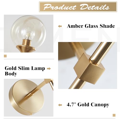 Image of KCO Mid-Century Modern Wall Mounted Sconces Set of 2 Amber Glass Globe Wall Lamps with Long Arm Industrial Gold Wall Lights Fixture for Bedroom Bedside Stairway Hallway