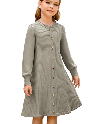 GRACE KARIN Vestido de suéter para niñas, de punto acanalado, manga larga, vestido de jersey para otoño e invierno, vestido casual acampanado con cinturón, Verde Gris, 8-10 años