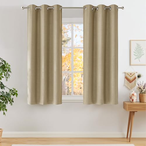 Image of NICETOWN Short Faux Linen Oatmeal Blackout Curtains 63 inches Long for Kitchen - Privacy Panels for Living Room Bedroom, Modern Farmhouse Style Easy Care Grommet Top, 2 Panels, W42 by L63
