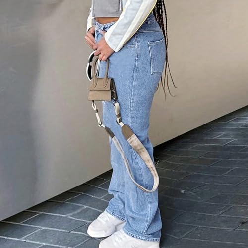 Women's Mid Waisted Straight Wide Leg Jeans Loose Fit Boyfriend Tummy Control Trendy Denim Pants with Pocket3