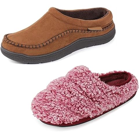 Wishcotton Women's Lightweight Fuzzy Sherpa House Slippers& Zigzagger Men's Slip On Moccasin Slippers, Red&Cold Tawny,size L Cover