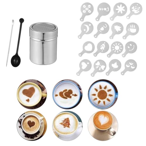 1 Stücke Kakaostreuer, Kaffee Zubehör, Gewürzstreuer Edelstahl, Stainless Steel Powder Sprinklers für Baking and Home Restaurant Cooking mit 16 Pcs Kaffee Cappuccino Schablonen