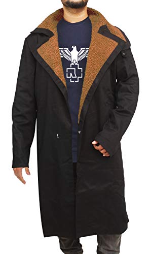 Mens Officer Black Cotton Duster Coat - Black Fur Collar Cosplay Costume Long Canvas Jacket2