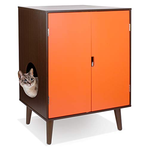 Penn-Plax Cat Walk Furniture: Contemporary Home Cat Litter Hide-Away Cabinet – Great For Living Rooms, Pantries, Or Anywhere In The House - Espresso With Orange Doors, Catff2 #TOP2