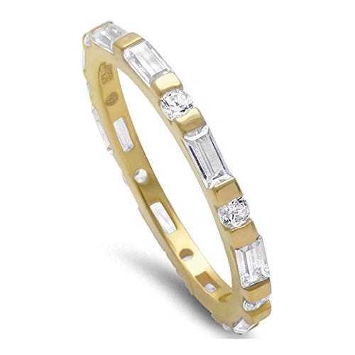 2mm Full Eternity Wedding Band Ring Baguette and Round CZ Yellow Tone Plated 925 Sterling Silver, Size-6