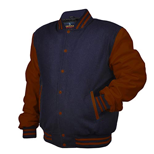 Image of Deckra Men's Varsity Jacket Genuine Leather Sleeve and Wool Blend Letterman Boys College Varsity Jackets XS-5XL