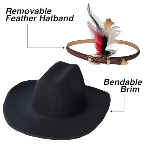 Image of Western Cowboy Cap for Men Women, Woolen Wide Brim Cowgirl Cap Belt Buckle Fedora Hat with Feather