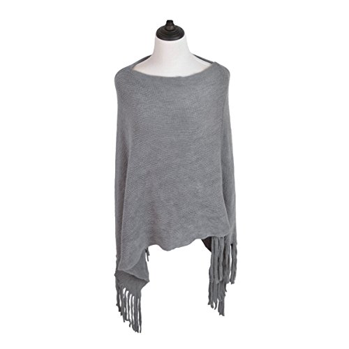 Premium Solid Color Soft Knit Fringe Winter Poncho Shawl Wrap Cape, Grey - Thumbnail 3